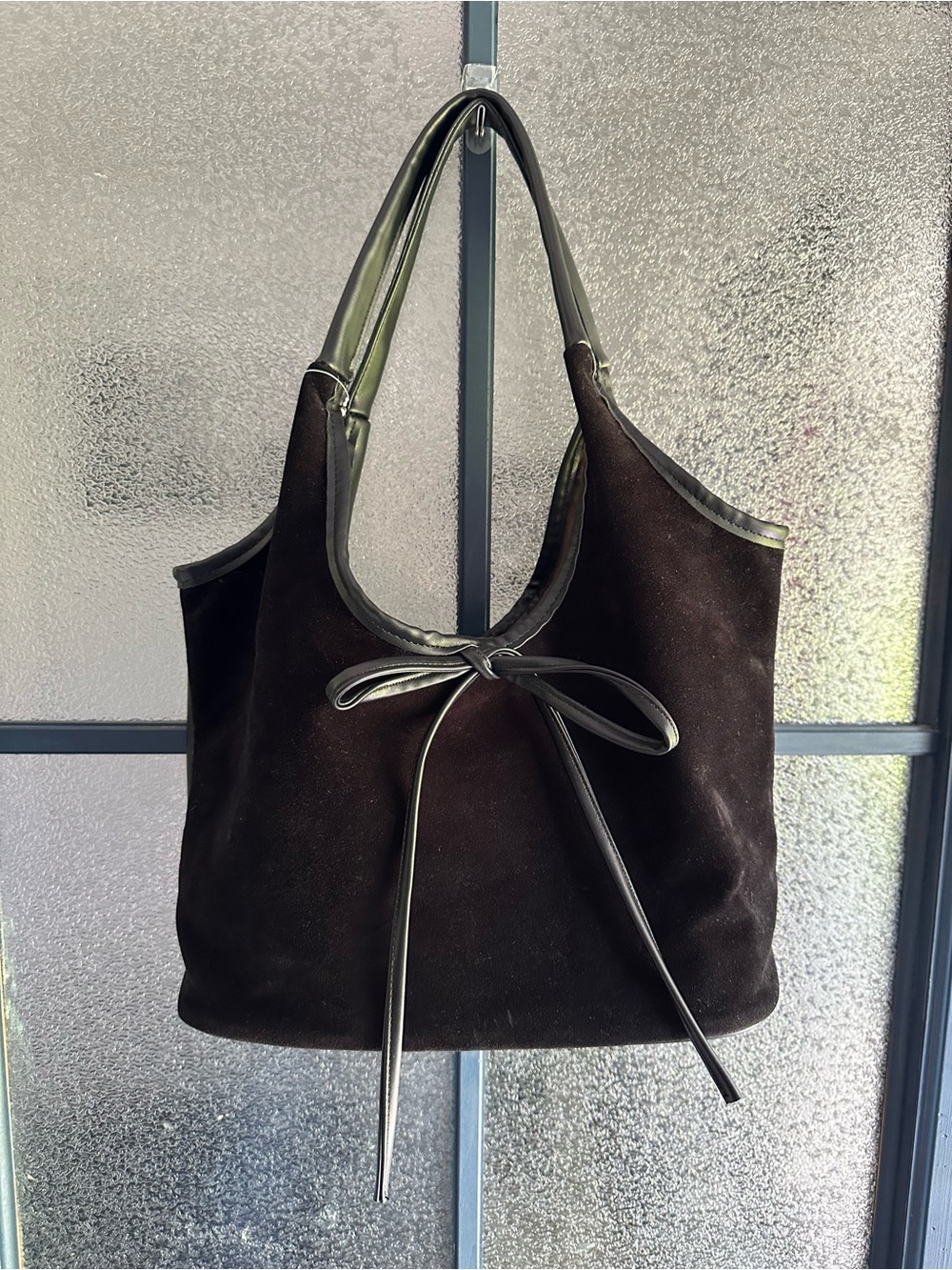 Black Suede and Faux Leather Shoulder Bag with Bow Detail